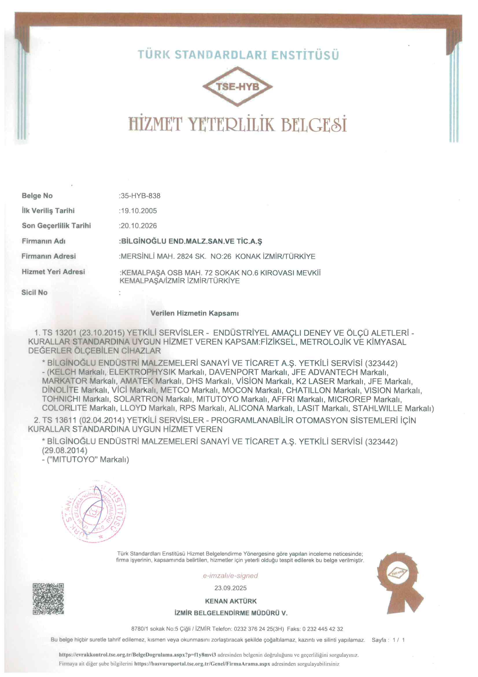 BİLGİNOĞLU ENDÜSTRİ TSE HİZMET YETERLİLİK BELGESİ